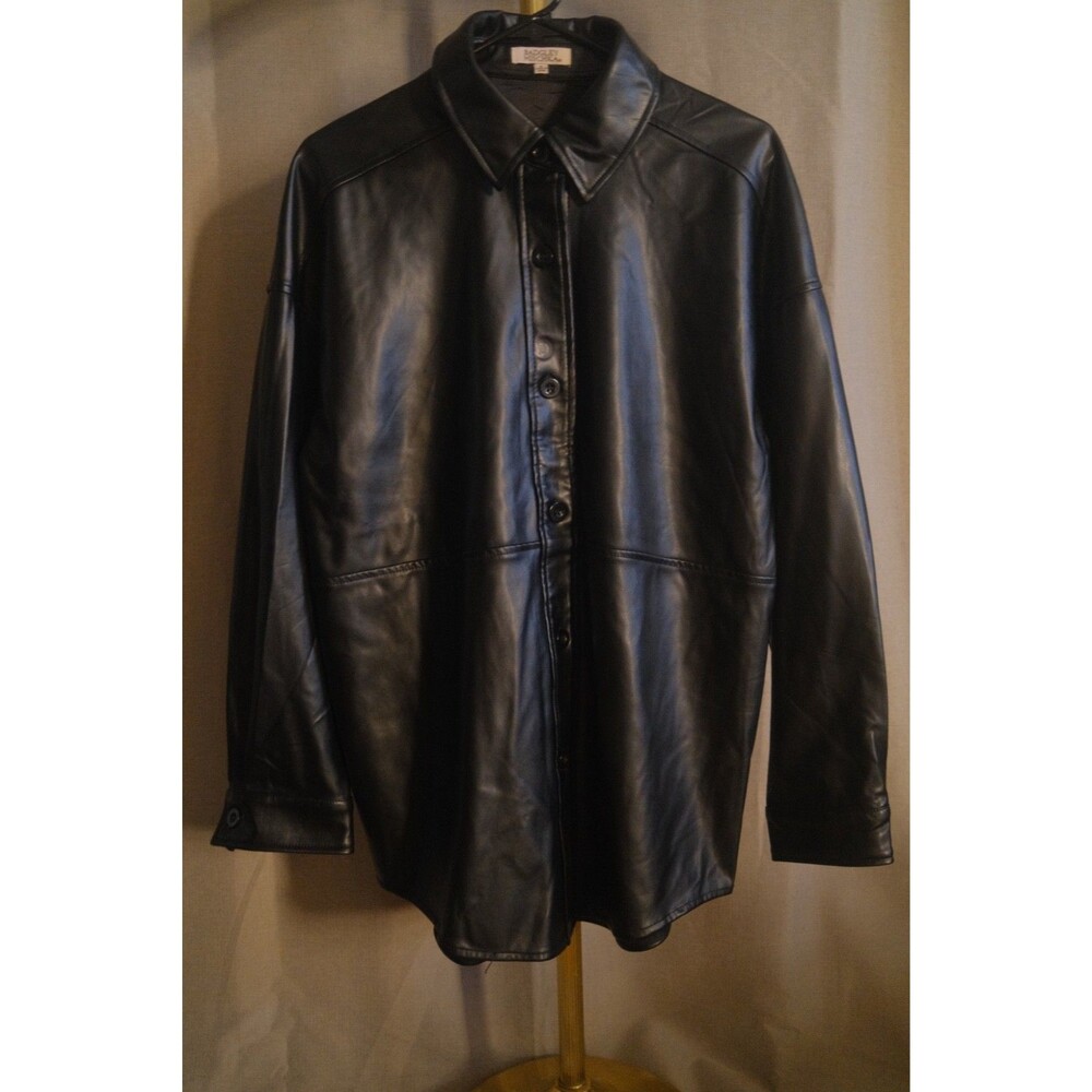 Badgley Mischka Gigi Black Vegan Leather Oversized Shirt Jacket Shacket m